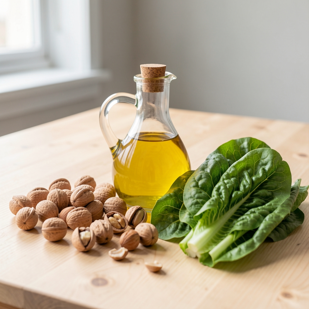 Frische Walnüsse, Leinöl und Blattgemüse auf hellem Holztisch — Zutaten für Omega-3-reiche Alltagsrezepte in der neuropathiefreundlichen Küche