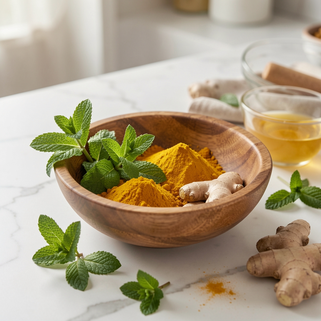 Frische Beeren in einer Holzschüssel mit Minzzweigen, Kurkuma und Ingwer auf hellem Marmortisch — Frühstücksvorbereitung für antioxidantienreiche Alltagsküche