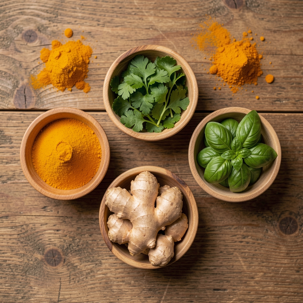 Gewürze und frische Kräuter in kleinen Schälchen auf einem Holztisch, Draufsicht — Kurkuma, Ingwer, Petersilie und Basilikum für aromatische neuropathiefreundliche Rezepte