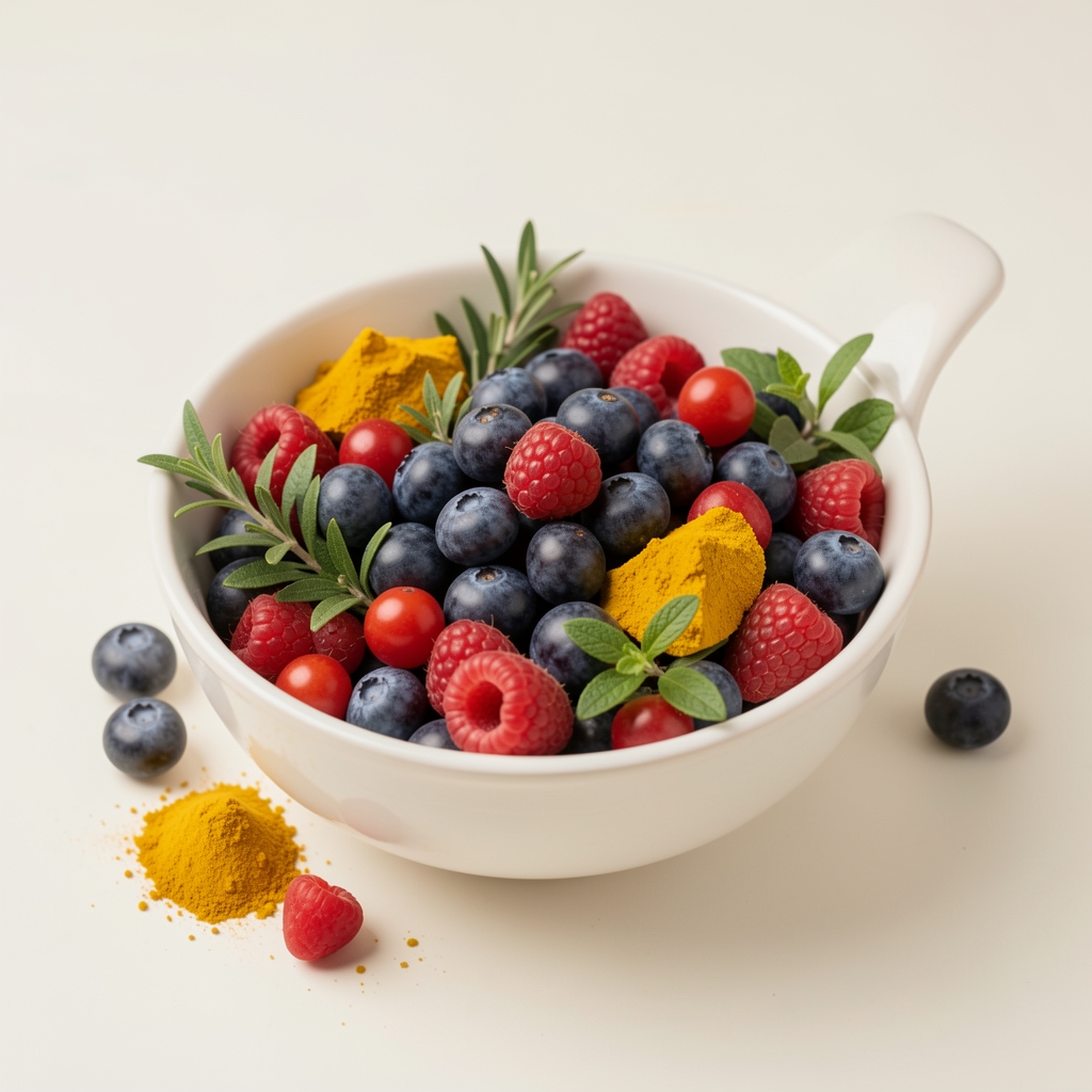 Schüssel mit frischen Beeren, Kurkuma und Kräutern auf hellem Untergrund, natürliches Tageslicht — antioxidantienreiche Zutaten für schonende Alltagsrezepte
