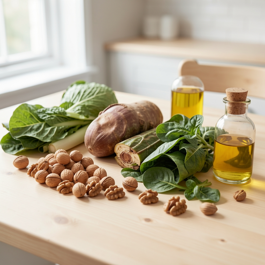 Frische saisonale Zutaten auf hellem Holztisch, Tageslicht — Omega-3-reiche Lebensmittel wie Walnüsse, Blattgemüse und Leinöl für neuropathiefreundliche Küche