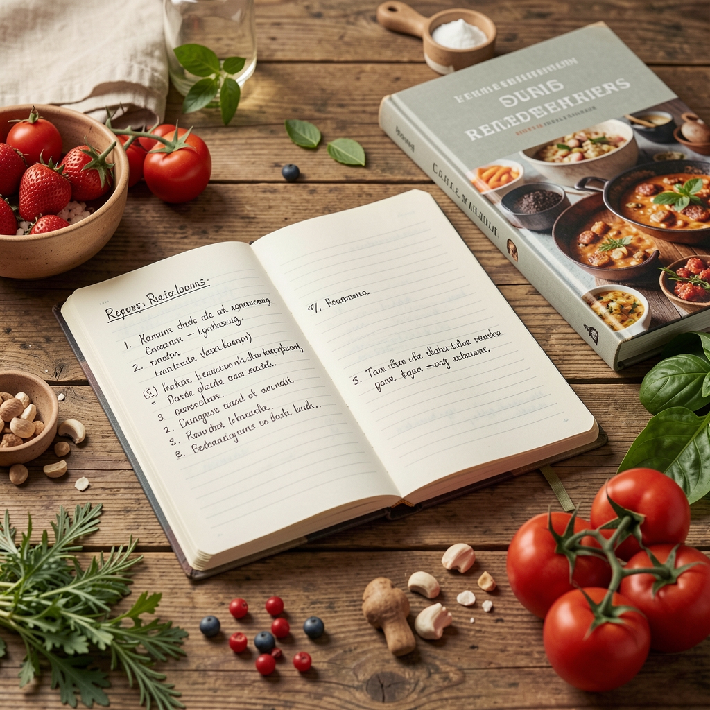 Notizbuch mit handgeschriebenen Rezeptnotizen, Kochbuch und frischen Zutaten auf rustikalem Holztisch — editoriale Arbeitsatmosphäre für Kursplanung und Rezeptentwicklung